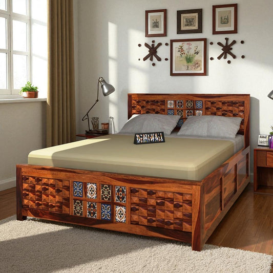 Royal Diamond Sheesham Wood King Size Box Storage Bed In Provincial Teak Finish