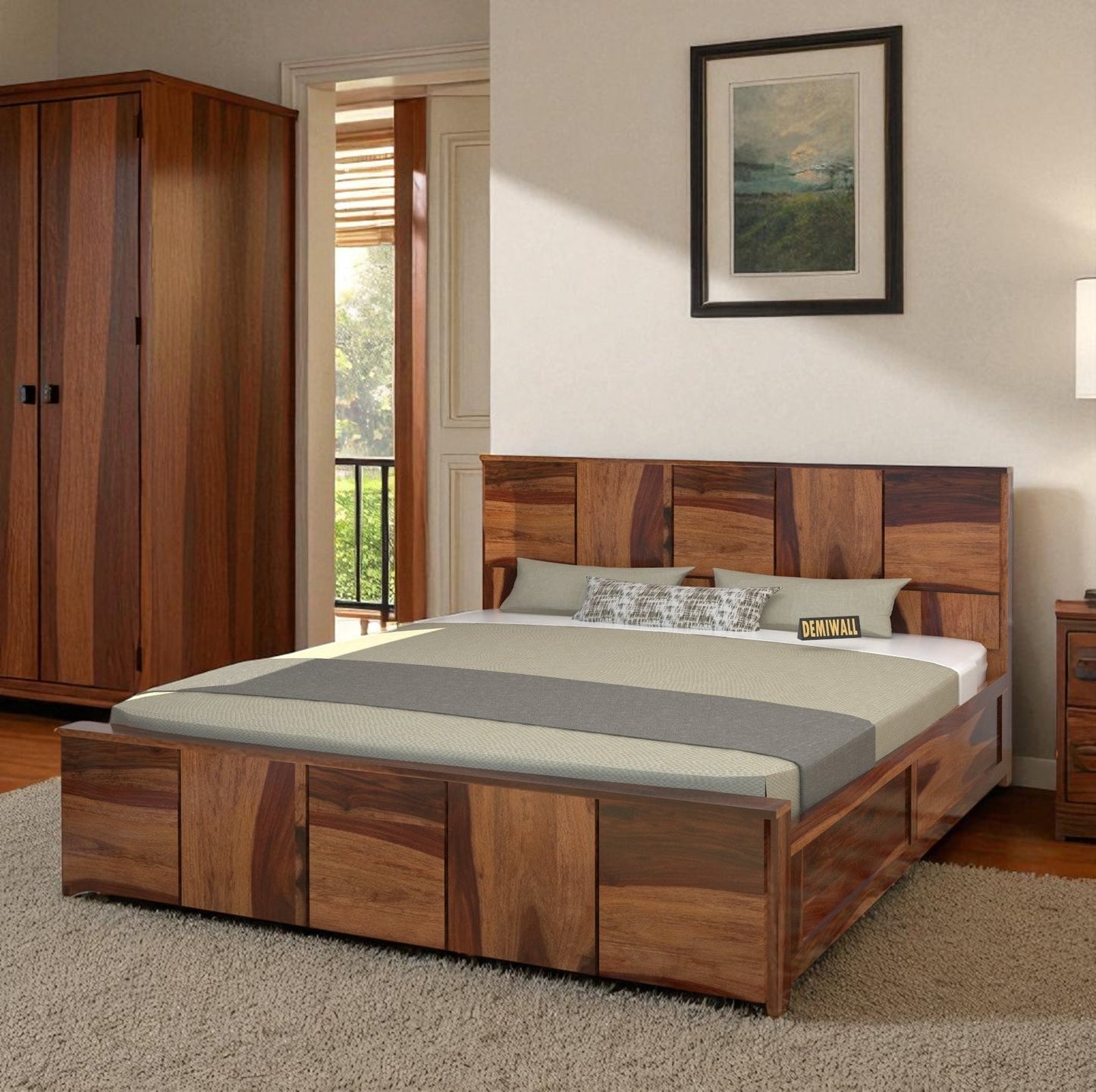 Jara Sheesham Wood King Size Box Storage Bed In Provincial Teak Finish