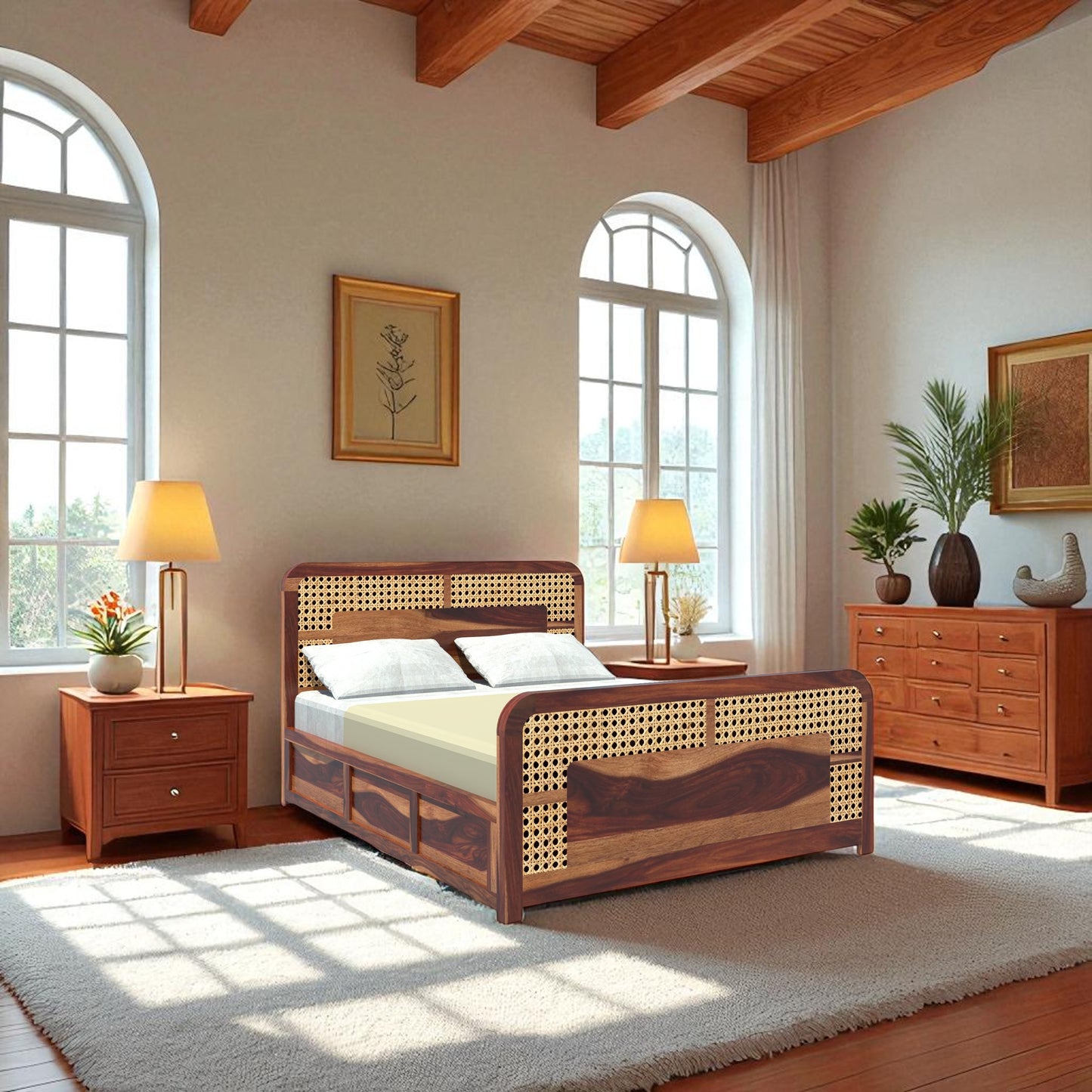 Royal Rattan Sheesham Wood King Size Box Storage Bed In Provincial Teak Finish