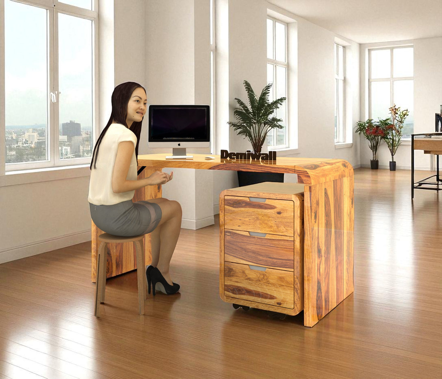 Reto Sheesham Wood Large Study Table In Natural Teak Finish