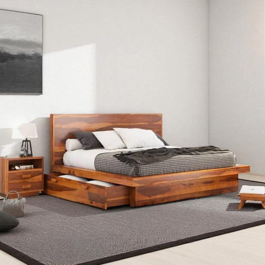 Wooden bed with storage drawers in a bedroom setting