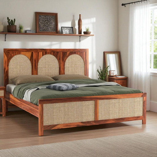 Ken Solid Sheesham Wood King Size Bed In Natural  Finish For Bedroom Furniture