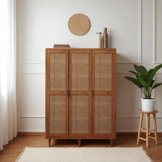 Solid Wood Rattan Cane 3 Door Wardrobe In Neutral Teak Finish