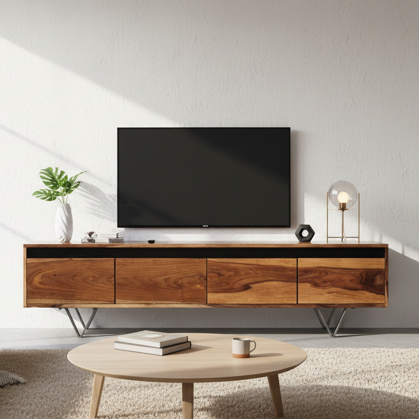 Modern living room with wooden TV stand, sofa, and coffee table.