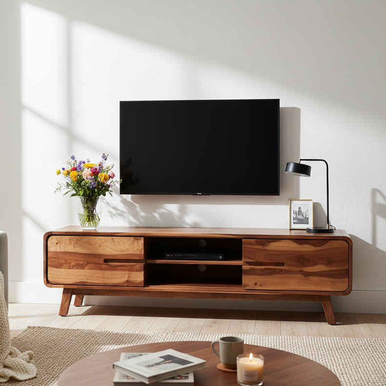 Modern living room with wooden TV stand, sofa, and coffee table.