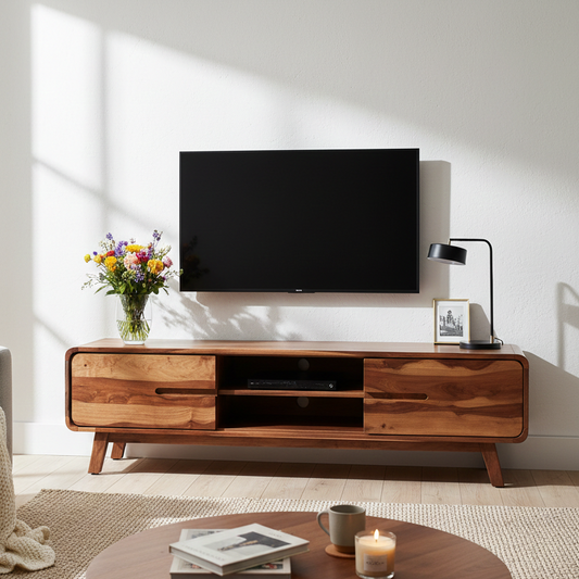 Modern living room with wooden TV stand, sofa, and coffee table.
