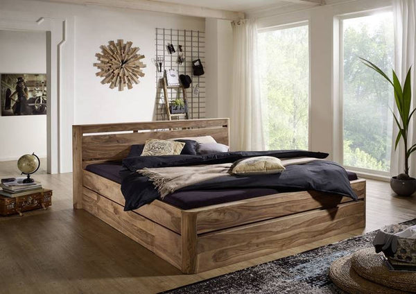 Segur Solid Wood King Box Size Bed In Netural Teak Finish For Bedroom Furniture