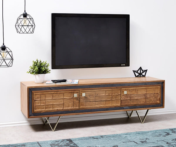 TV unit with four doors made of solid sheesham wood and iron