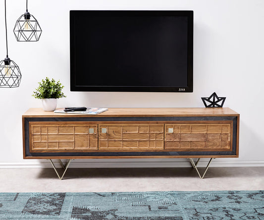 TV unit with four doors made of solid sheesham wood and iron