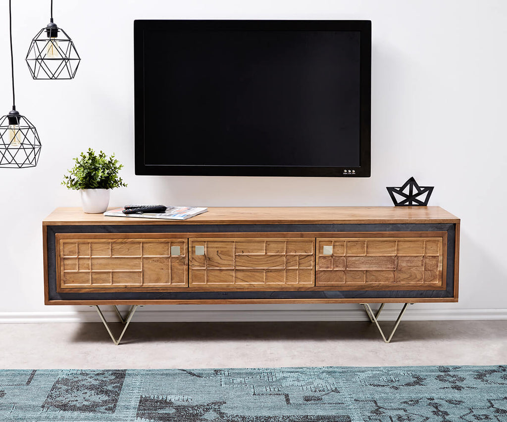 TV unit with four doors made of solid sheesham wood and iron