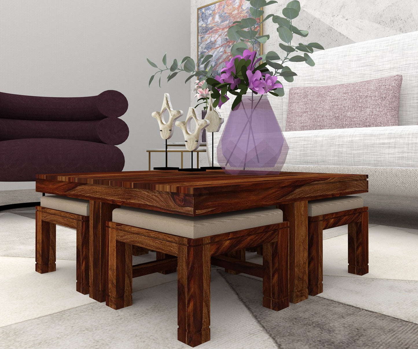 Sagar Solid Sheesham Wood Four Stool Coffee Table