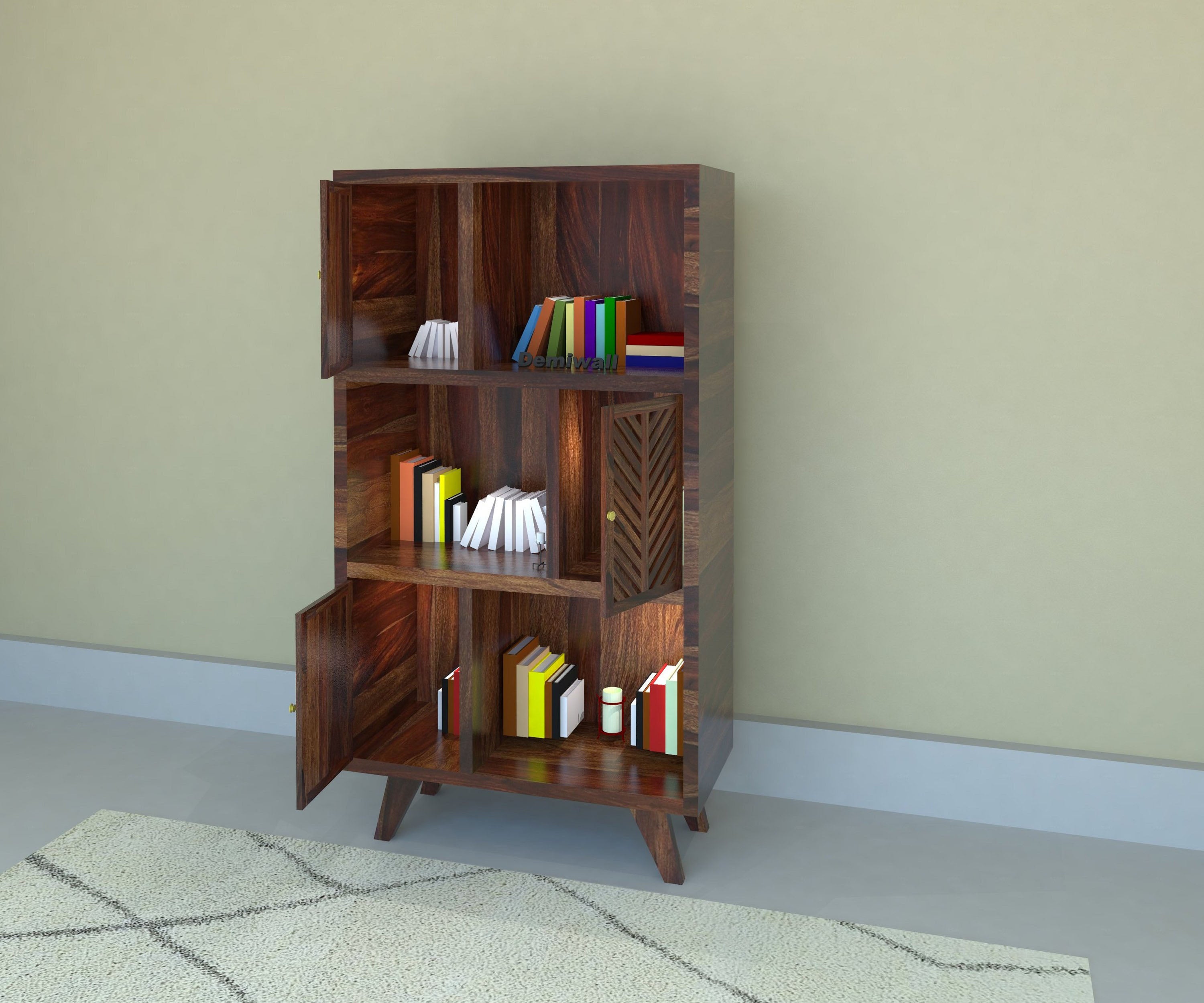 Carve Solid Wood Book Shelf With 3 Door Provincial Teak Finish