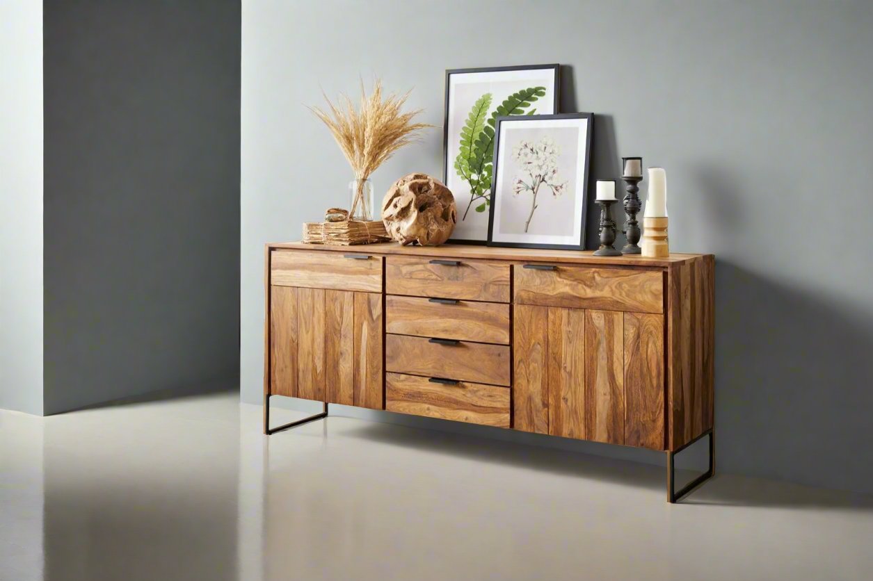 Sideboard with 4 drawers and two doors made of solid sheesham wood and iron