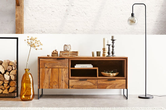 Sideboard with 2 drawers and two doors made of solid sheesham wood and iron