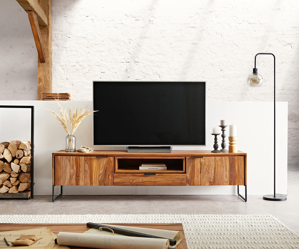 TV unit with two doors and one drawer made of solid acacia wood