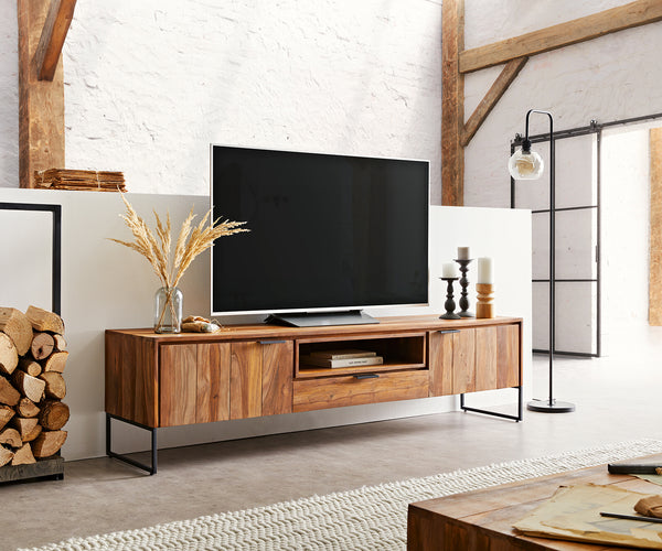 TV unit with two doors and one drawer made of solid Sheesham wood