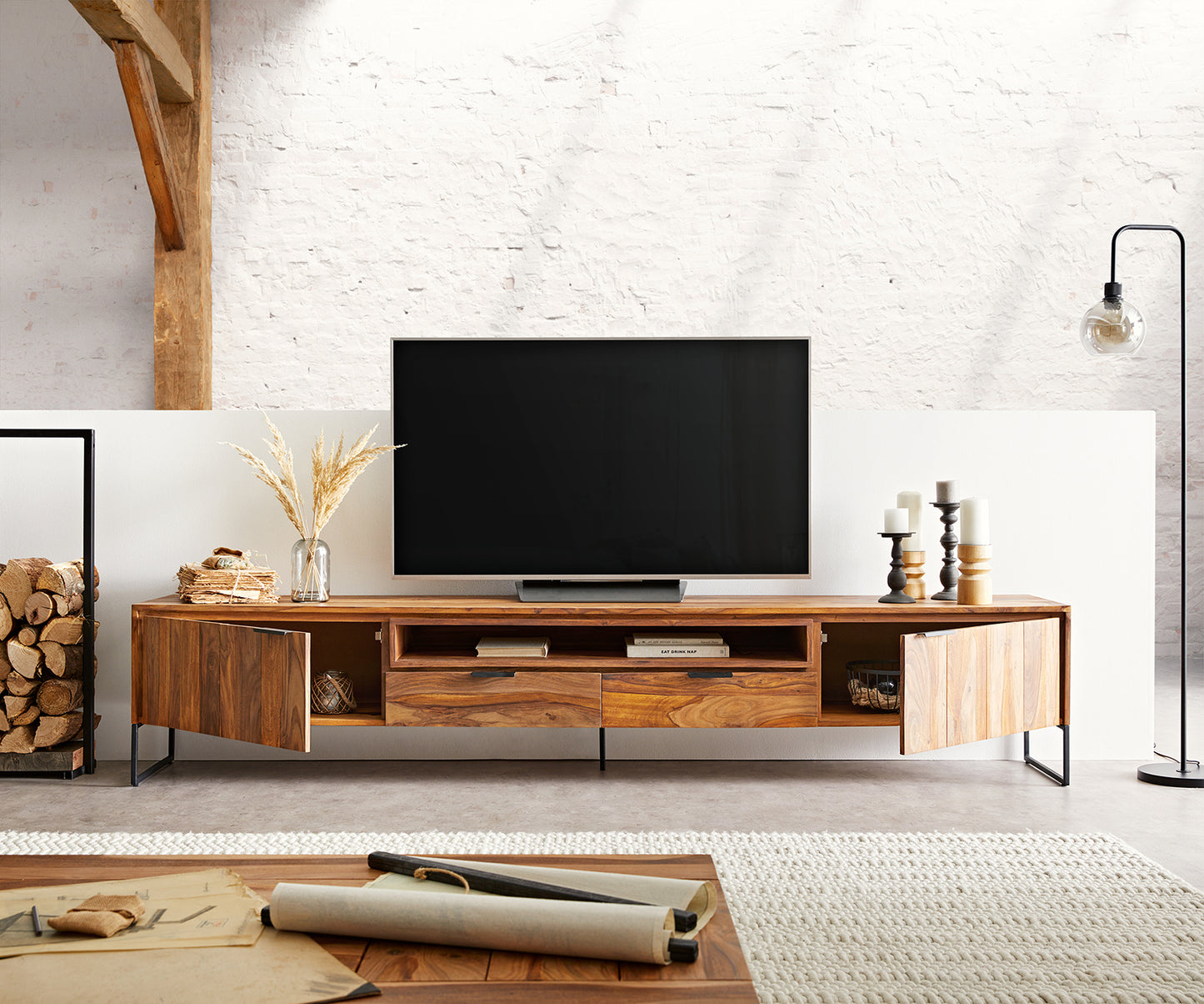 TV unit with two doors and two drawer made of solid sheesham wood