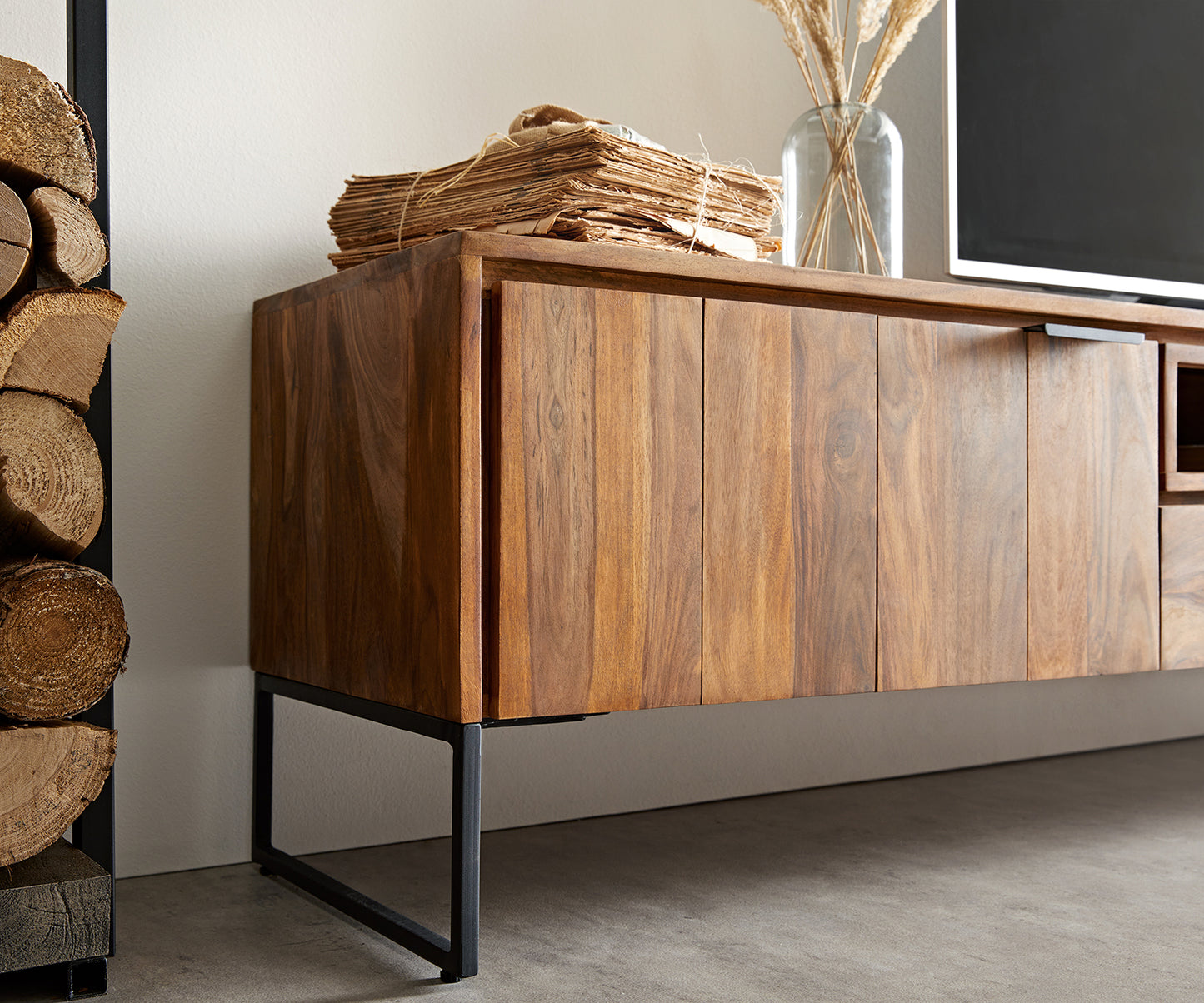 TV unit with two doors and two drawer made of solid sheesham wood