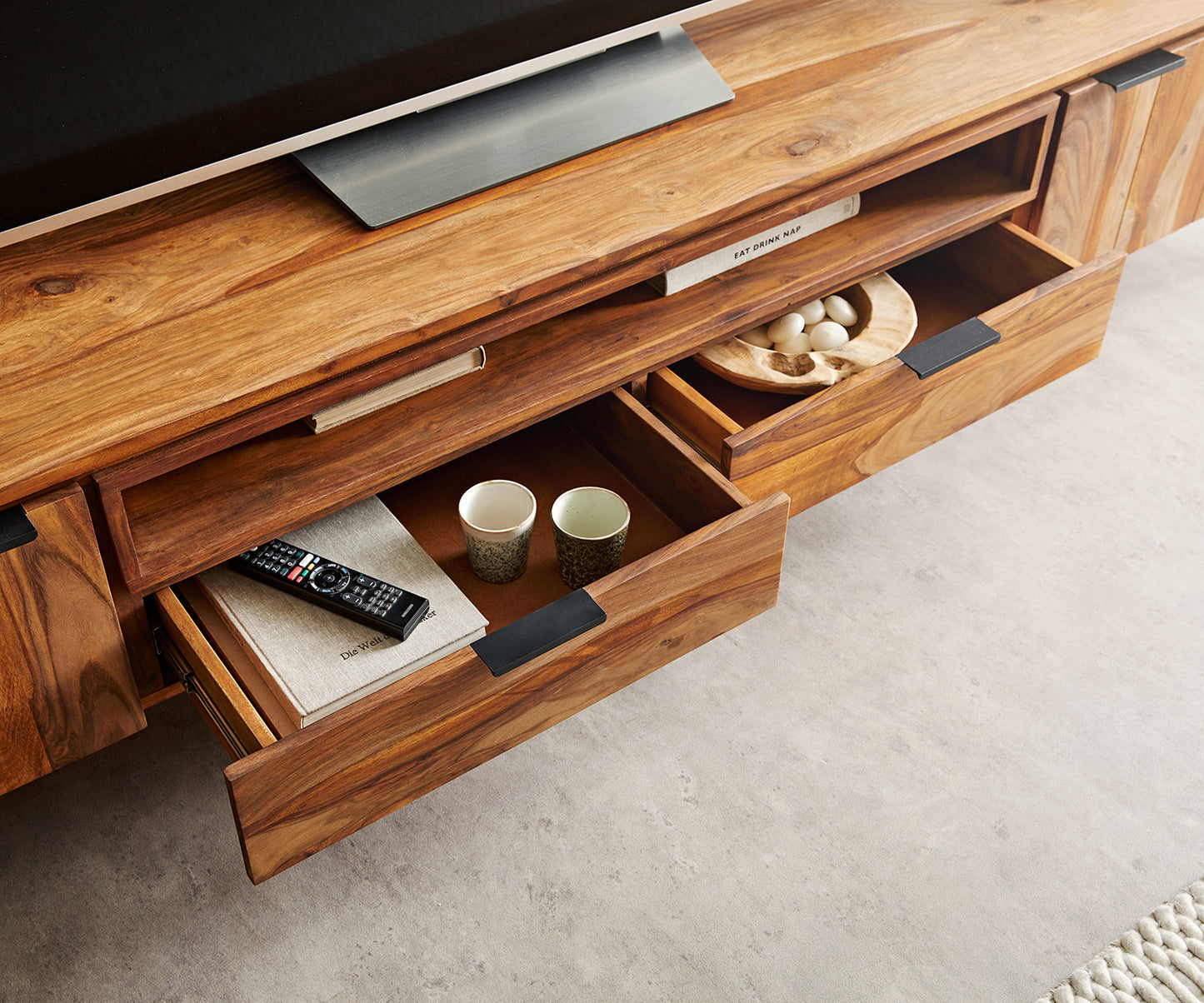 TV unit with two doors and two drawer made of solid sheesham wood