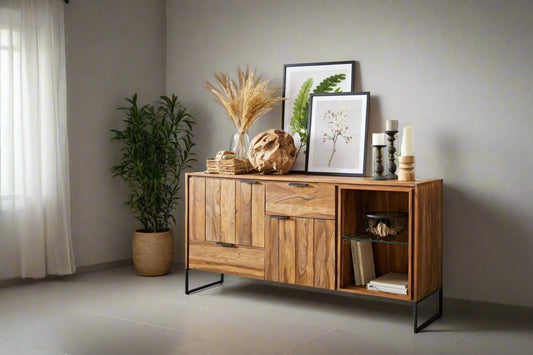 Sideboard with 2 drawers and two doors made of solid sheesham wood and iron