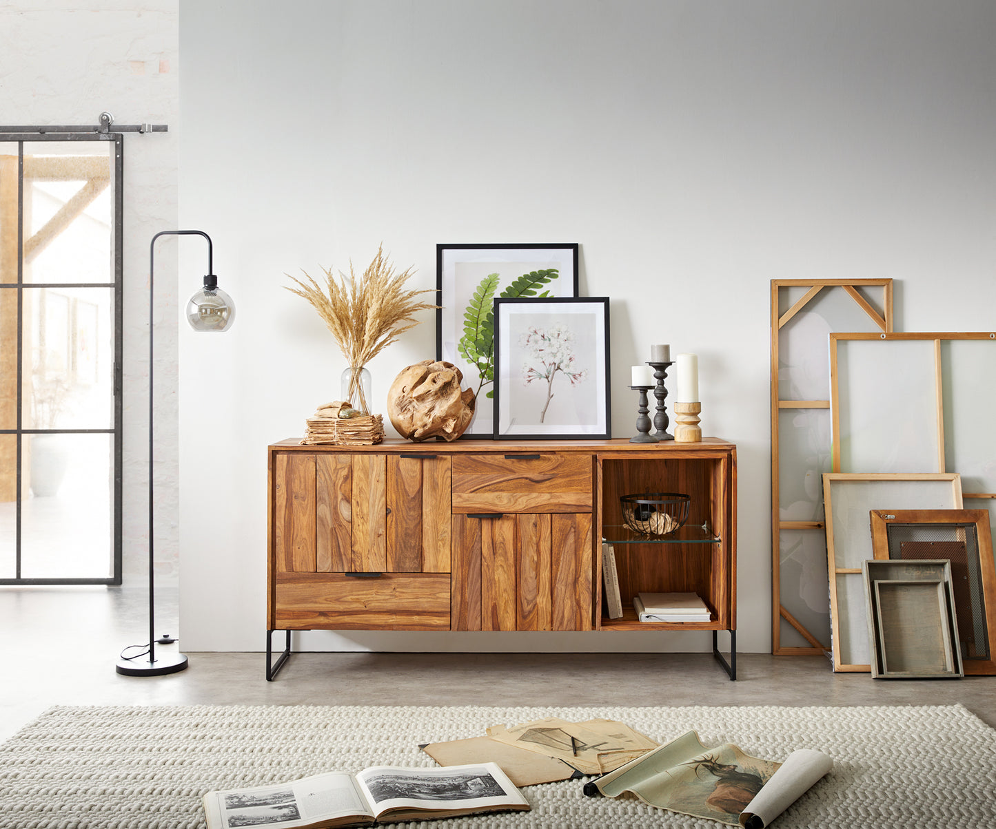 Sideboard with 2 drawers and two doors made of solid sheesham wood and iron