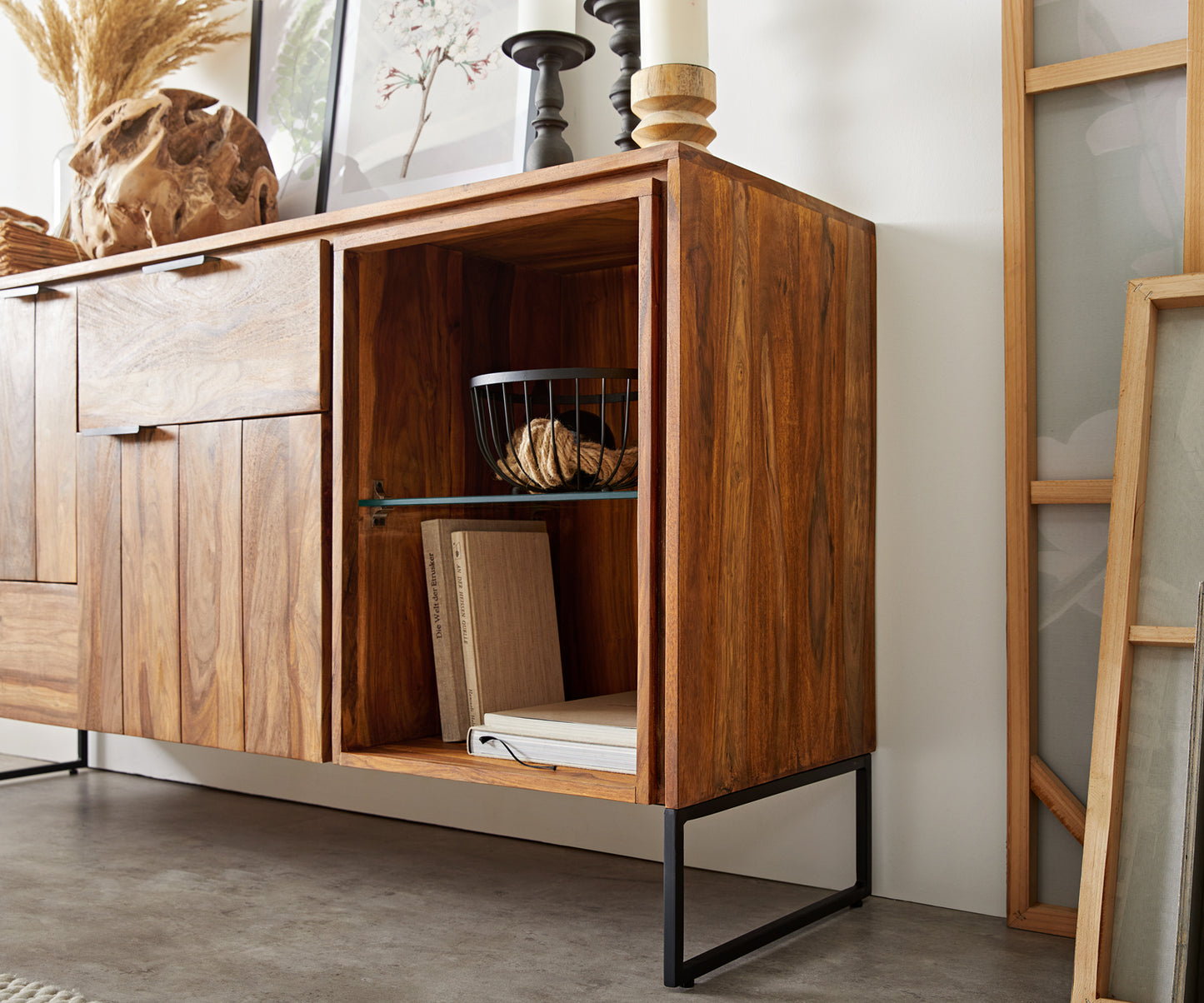 Sideboard with 2 drawers and two doors made of solid sheesham wood and iron