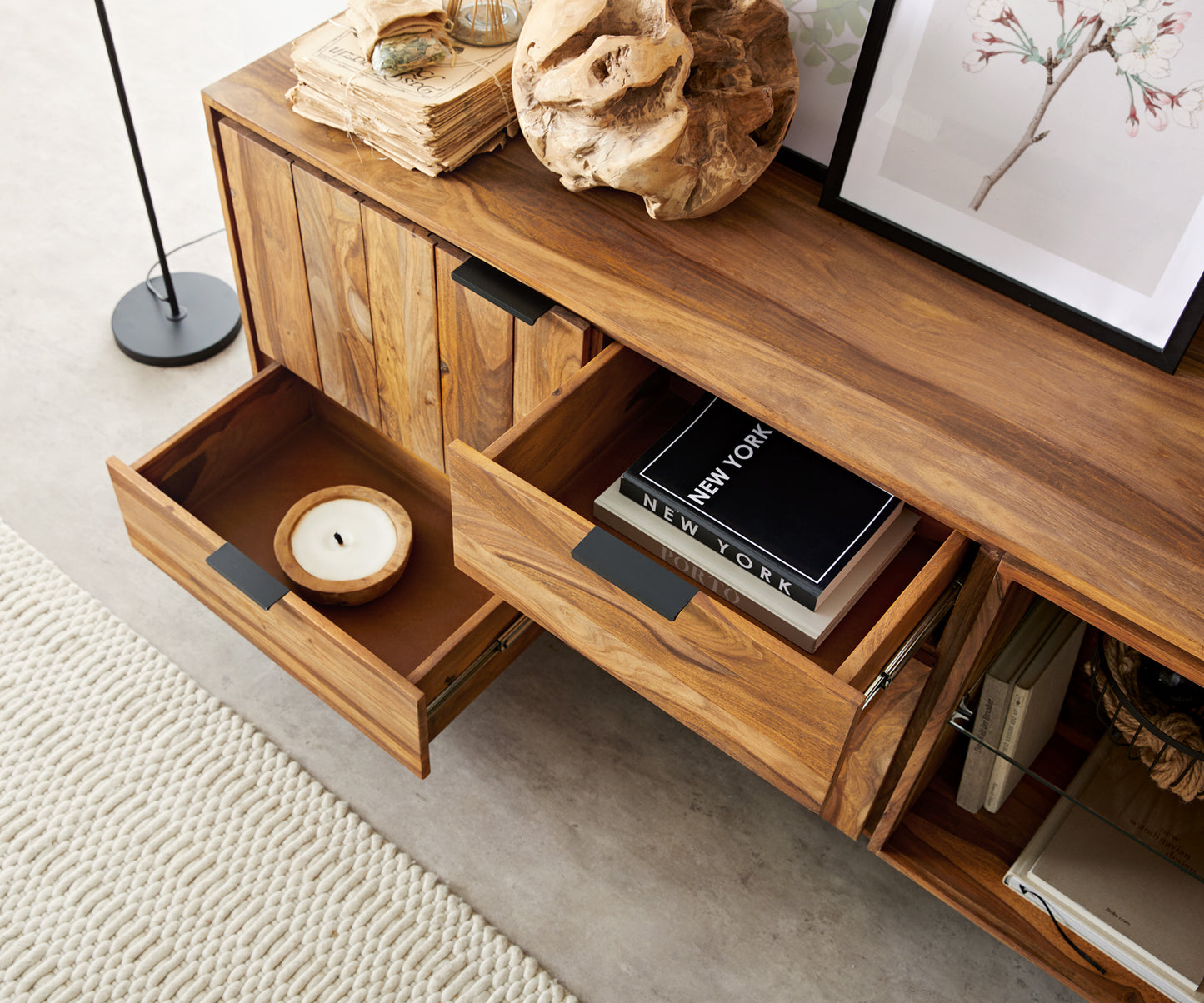 Sideboard with 2 drawers and two doors made of solid sheesham wood and iron