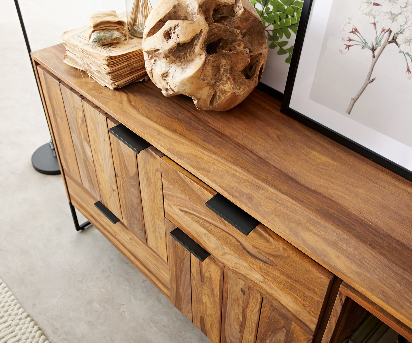 Sideboard with 2 drawers and two doors made of solid sheesham wood and iron