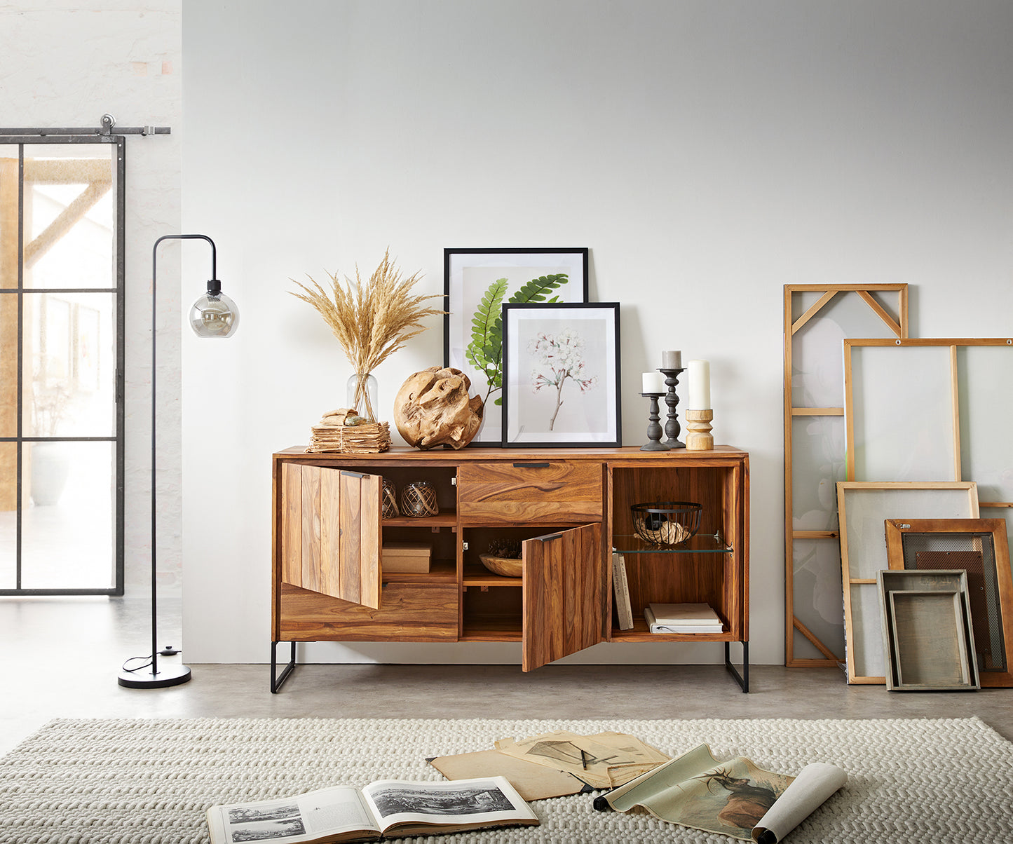 Sideboard with 2 drawers and two doors made of solid sheesham wood and iron