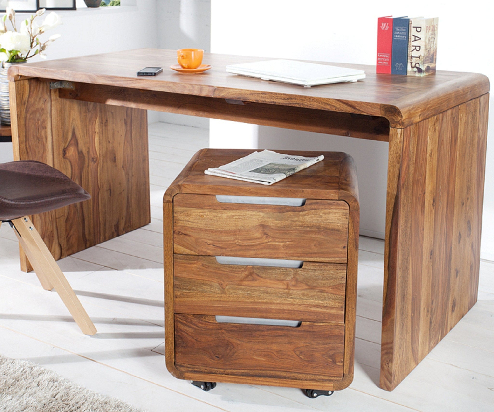 Reto Sheesham Wood Large Study Table In Natural Teak Finish – Demiwall
