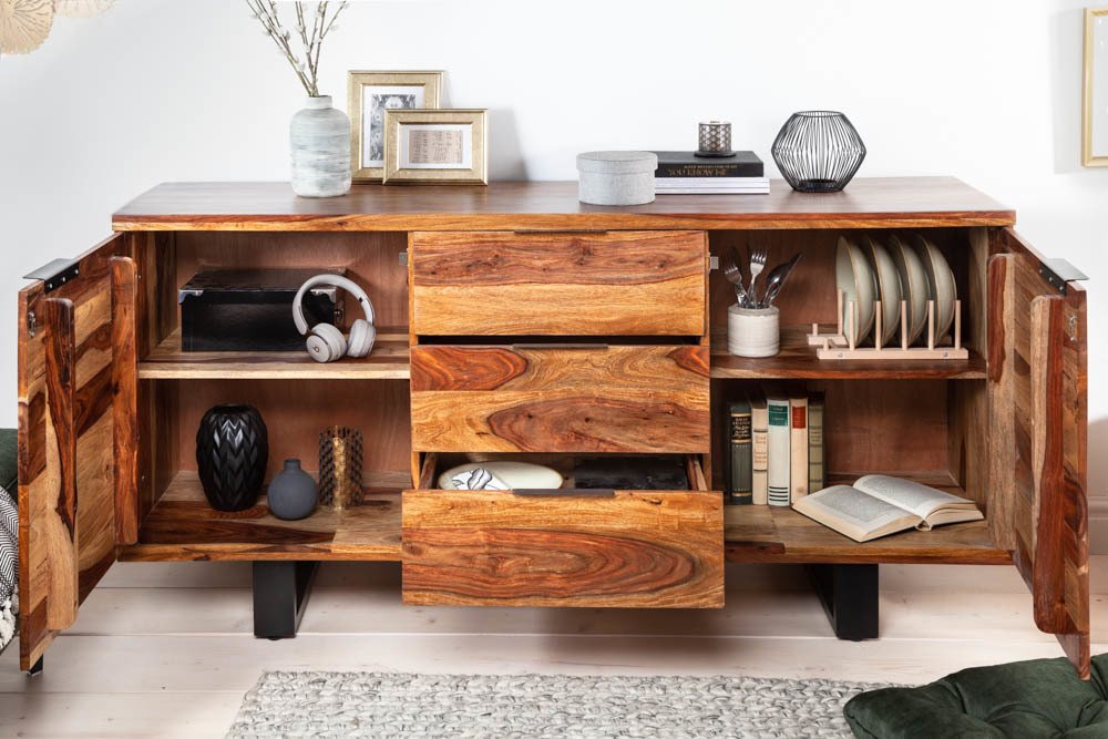 Acme  Solid Wood Sideboard  Three Drawers & Two  Door  In Natural & Black Finish For Living Room Furniture