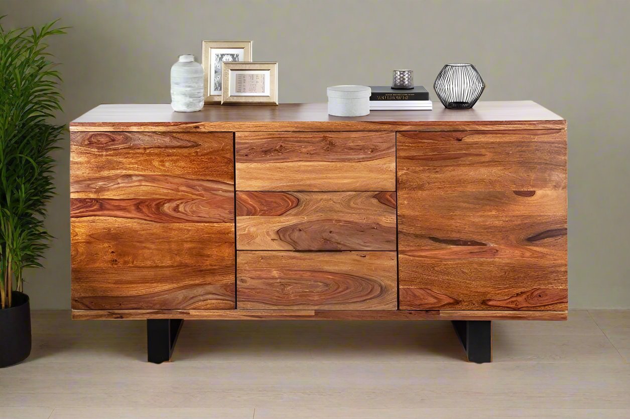 Acme  Solid Wood Sideboard  Three Drawers & Two  Door  In Natural & Black Finish For Living Room Furniture