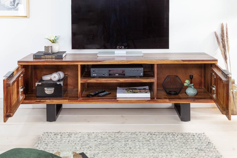 Acme Solid Wood Tv-Unit Two  Door & Two Shelf In Natural & Black For Living Room Furniture