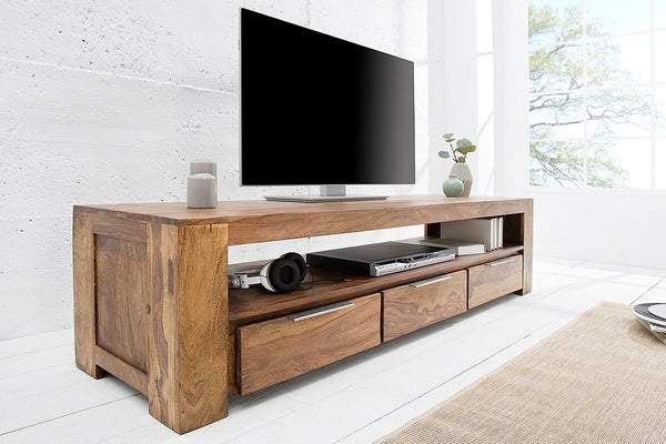 Reto Sheesham Wood Three Drawer & One Shelf Large Media Unit In Natural Finish  For Living Room Furniture