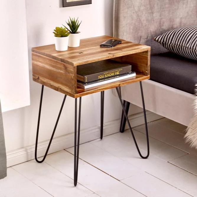 Acme Solid Wood Side Table In Natural & Black Finish For Living Room Furniture