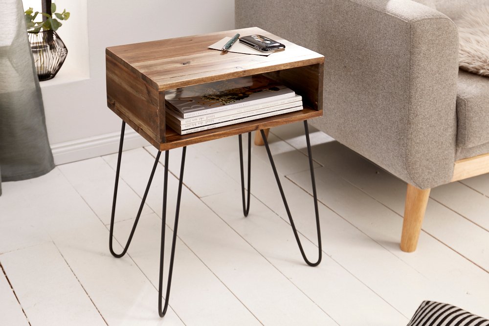 Acme Solid Wood Side Table In Natural & Black Finish For Living Room Furniture