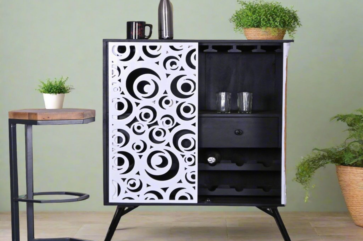 Segure  Solid Mango Wood Bar-Cabinet In White & Black Finish For Bar Room