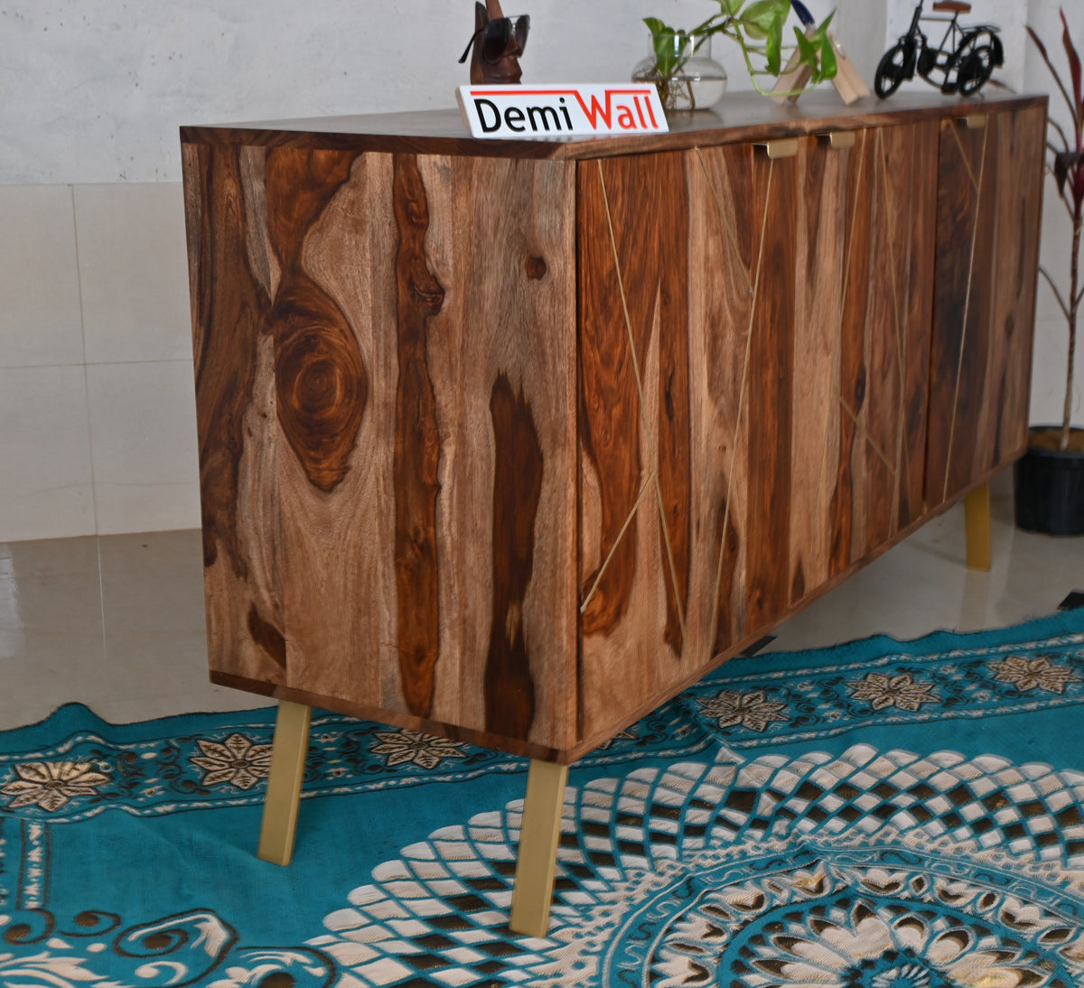 Alex Sheesham Solid Wood Sideboard with 3 Doors in Rustic Teak Finish | Living Room Storage Cabinet