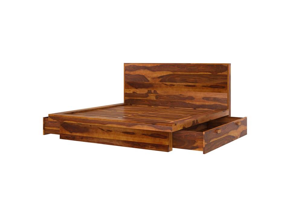 Solid Sheesham wood bed honey finish in bedroom setting