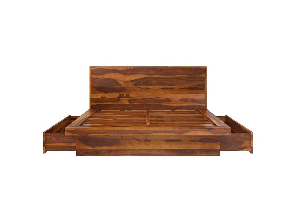 Solid Sheesham wood bed honey finish in bedroom setting