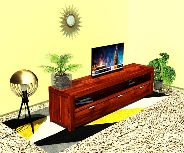 Reto Sheesham Solid Wood Three Drawer Tv Unit With Open Shelf