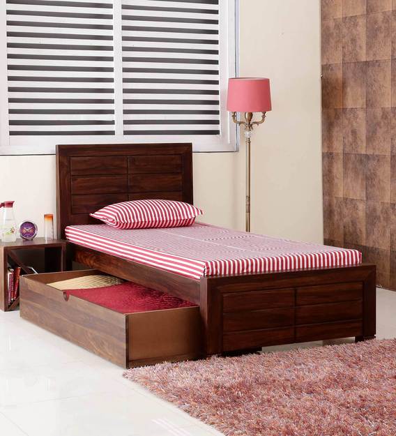 Segur Solid Wood Single Size Bed With One Drawers  In Provincial Teak Finish For Bedroom Furniture